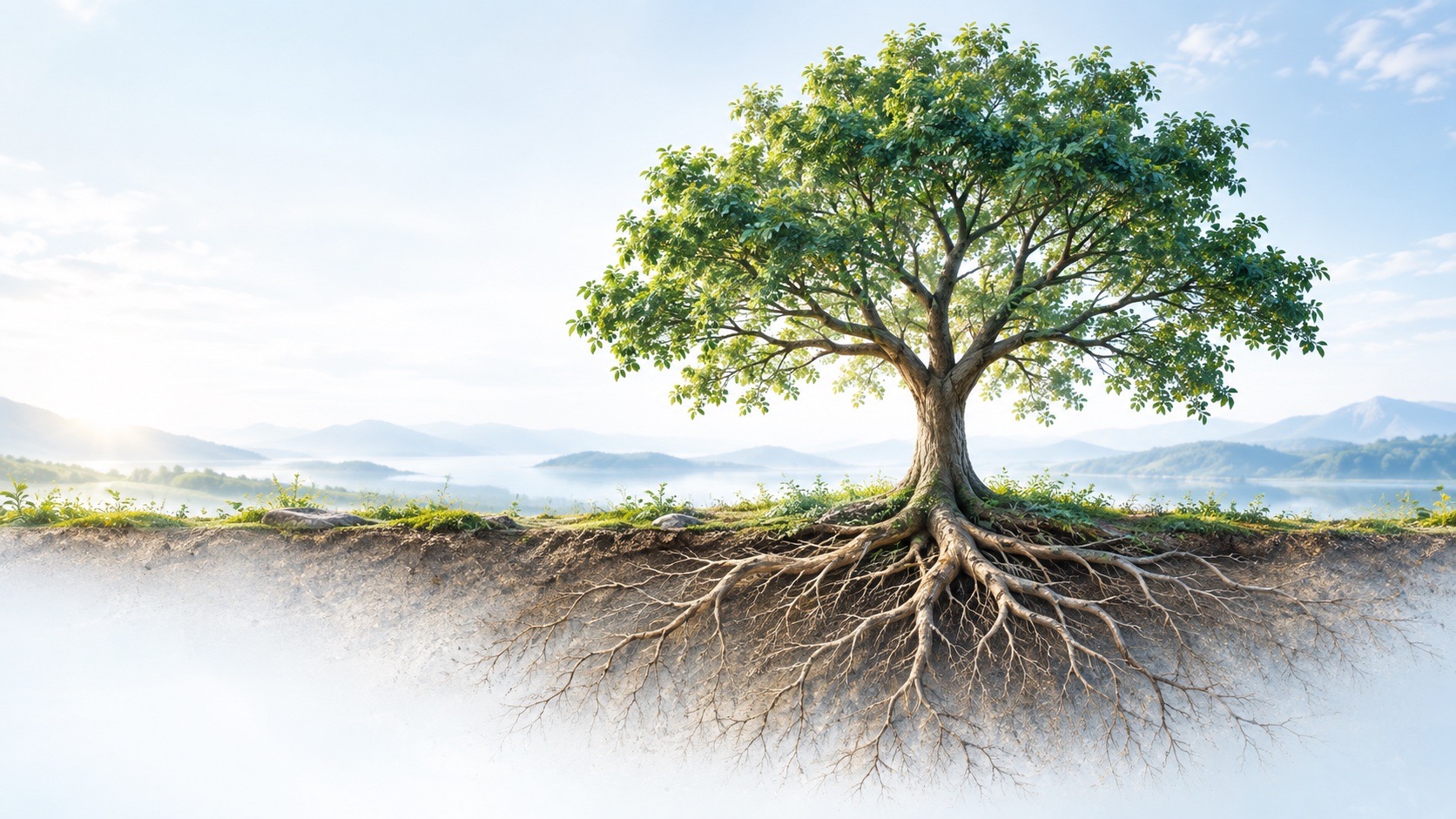 A mature tree with an interconnected root system, representing an integrated approach to care design